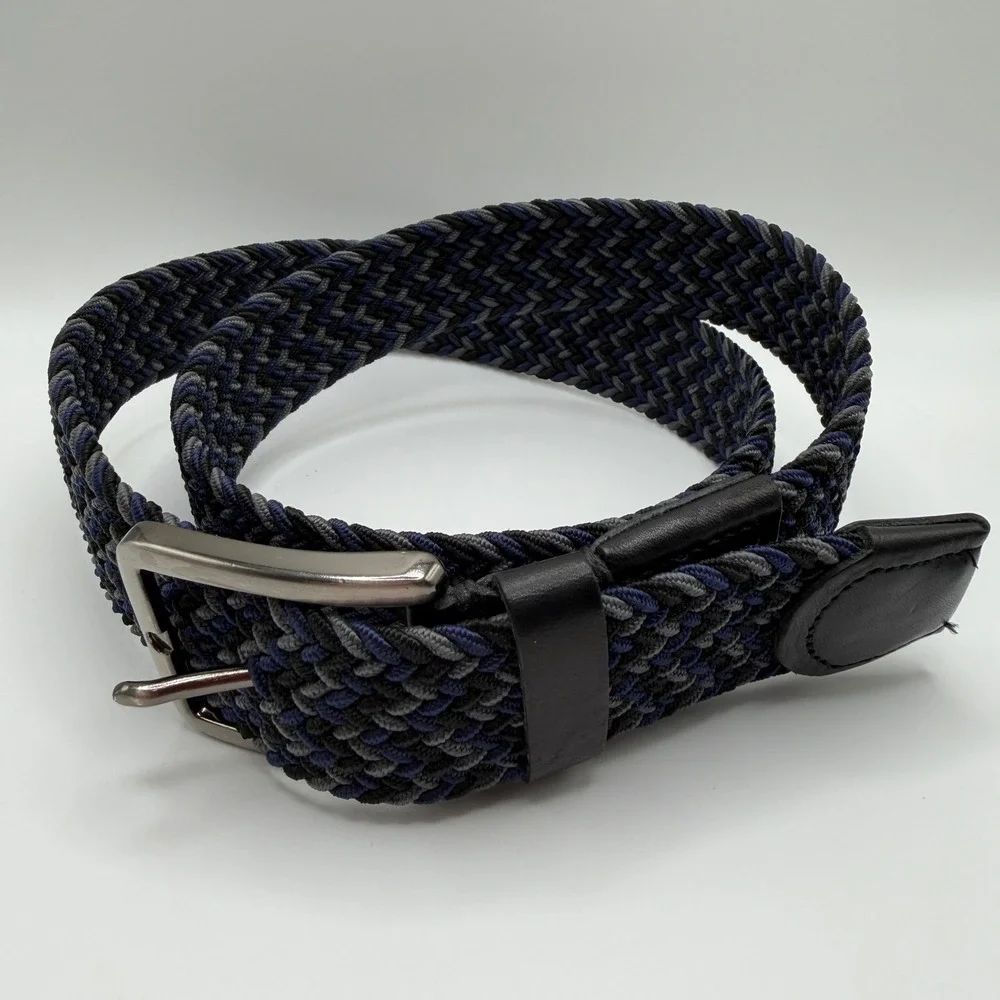 Tommy Bahama Mens Braided Stretch Belt Navy Grey Black Leather Trim S/M